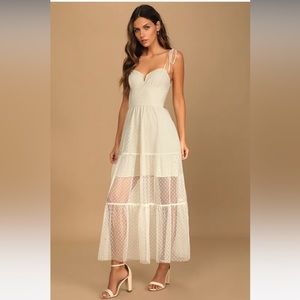 Lulus romantic spot cream polka dot mesh tiered midi dress